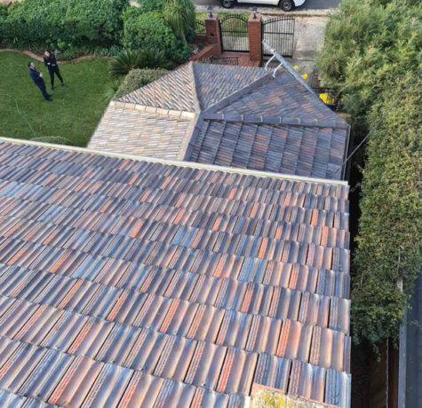 An aerial photograph of a tiled roof in Kew which has been fully repaired and restored