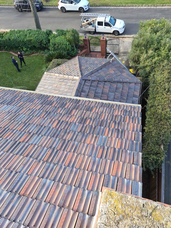 An aerial photograph of a tiled roof in Kew which has been fully repaired and restored