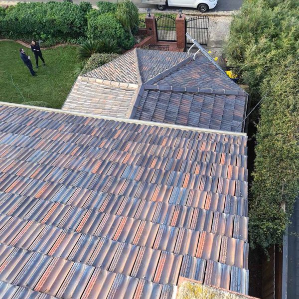 An aerial photograph of a tiled roof in Kew which has been fully repaired and restored